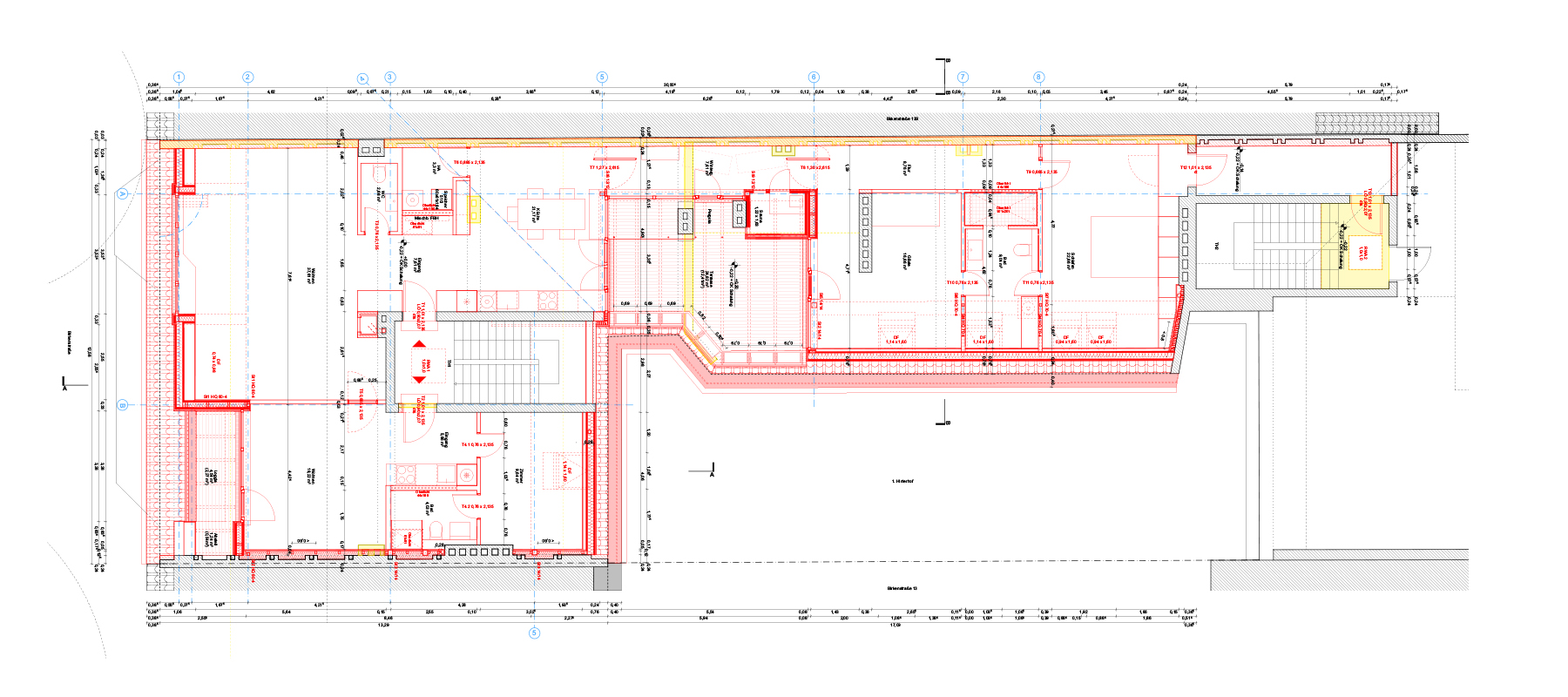 Grundriss mit Neubau und Abrriss eines Umbaus eines Dachstuhls in Berlin mit eingesetzten Raumkörpern und Einbaumöbeln
