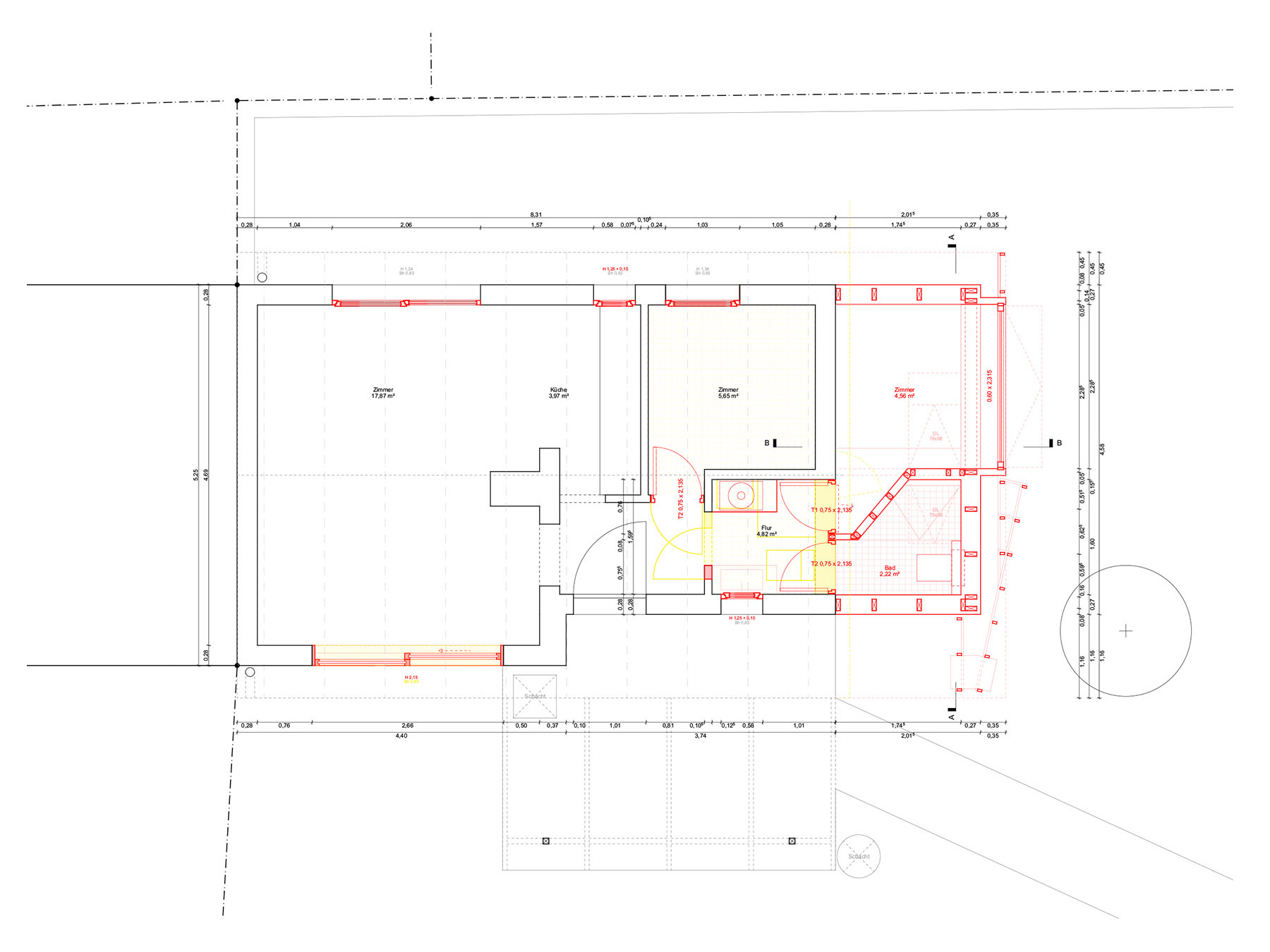 Grundriss eines Bungalows mit Neubau und Abriss