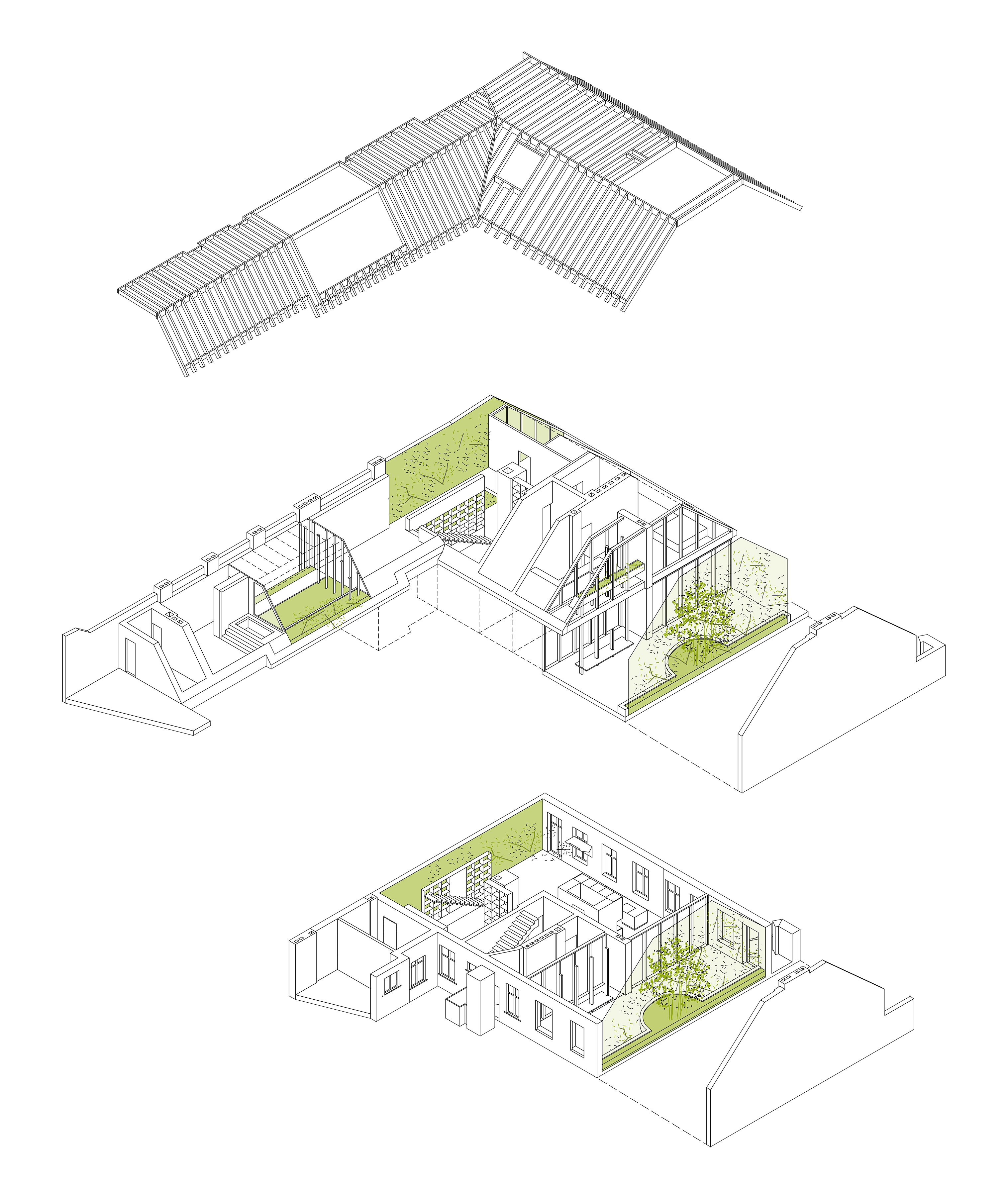 Isometrie eines zweigeschossigen Dachstuhls mit Baum in einem Patio