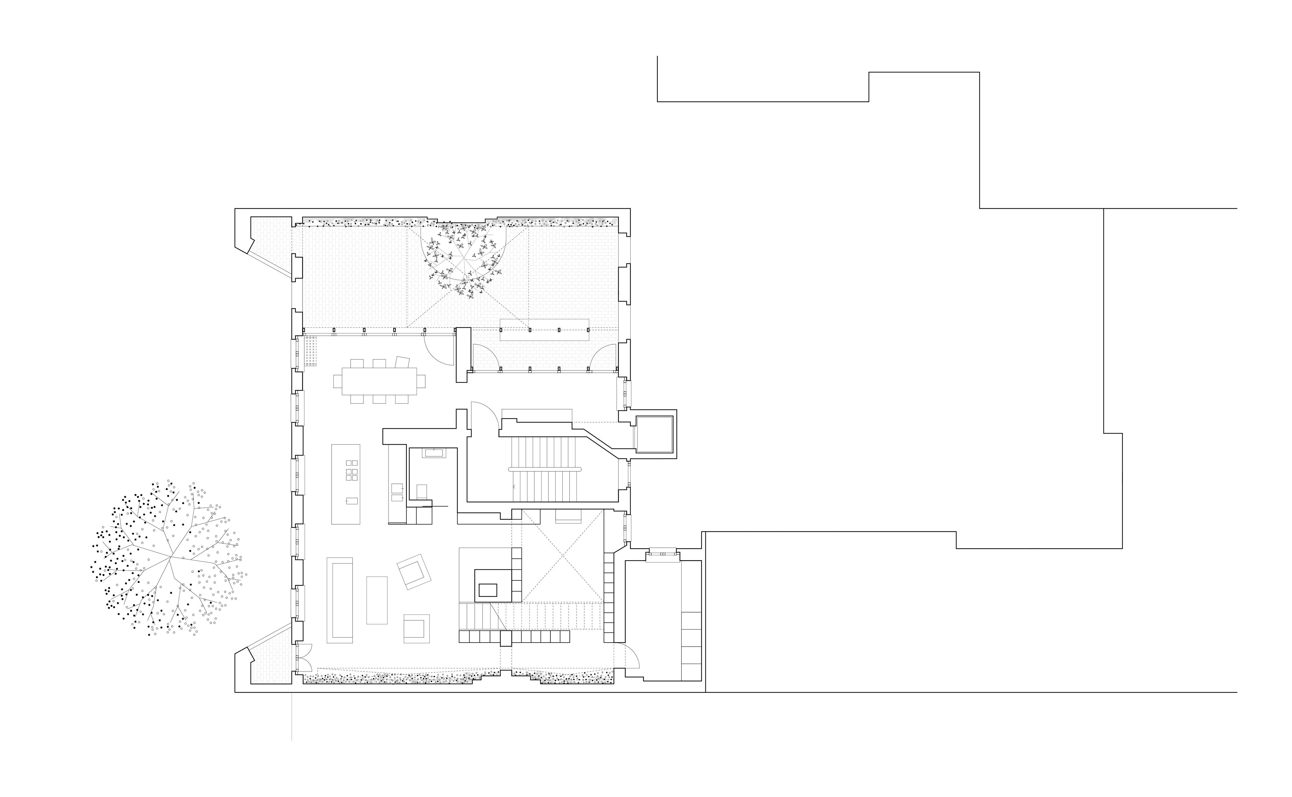 Grundriss eines ausgebauten Dachstuhls mit offenem Wohnraum und Baum in einem Patio