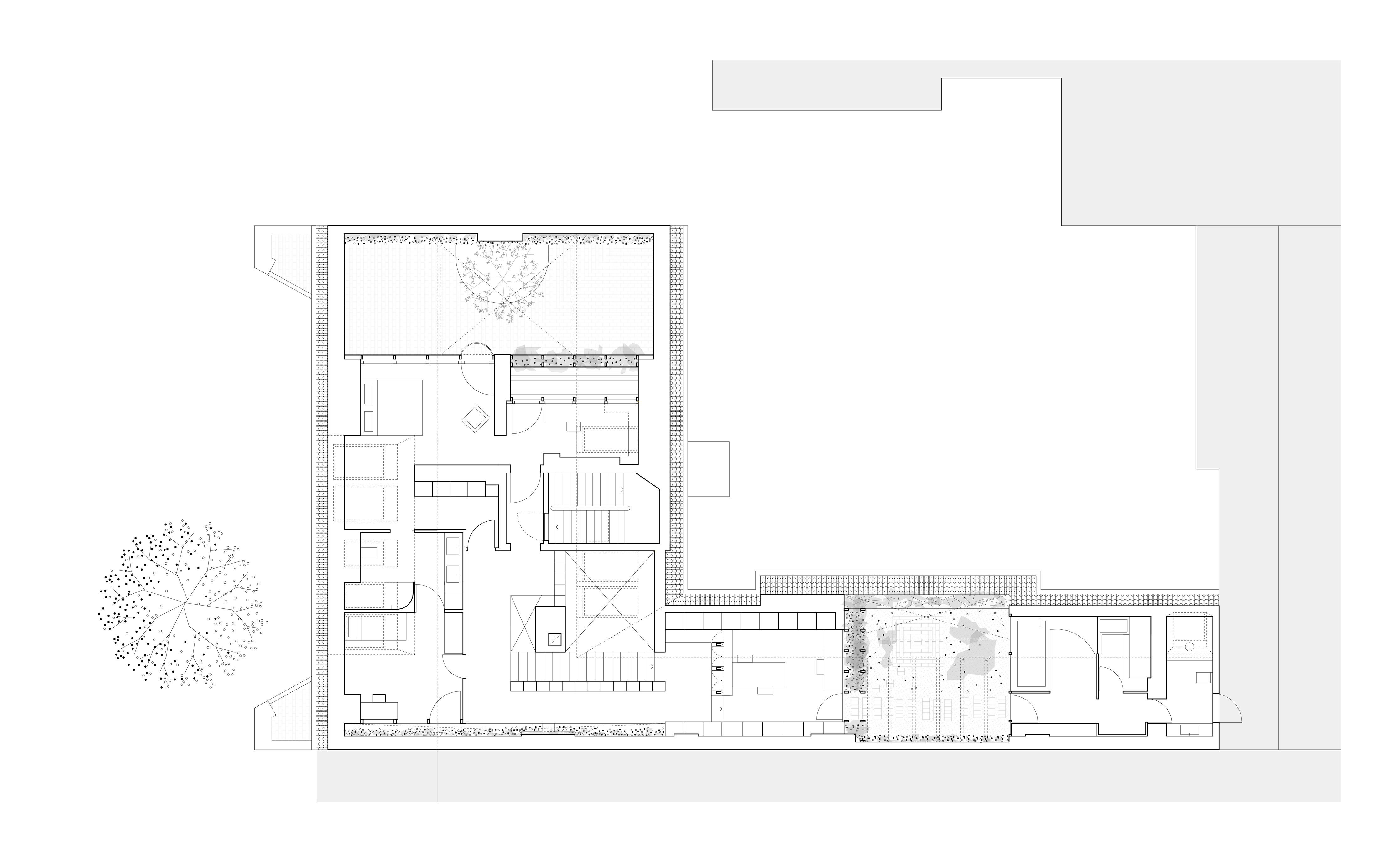Grundriss eines ausgebauten Dachstuhls mit offenem Wohnraum und Baum in einem Patio