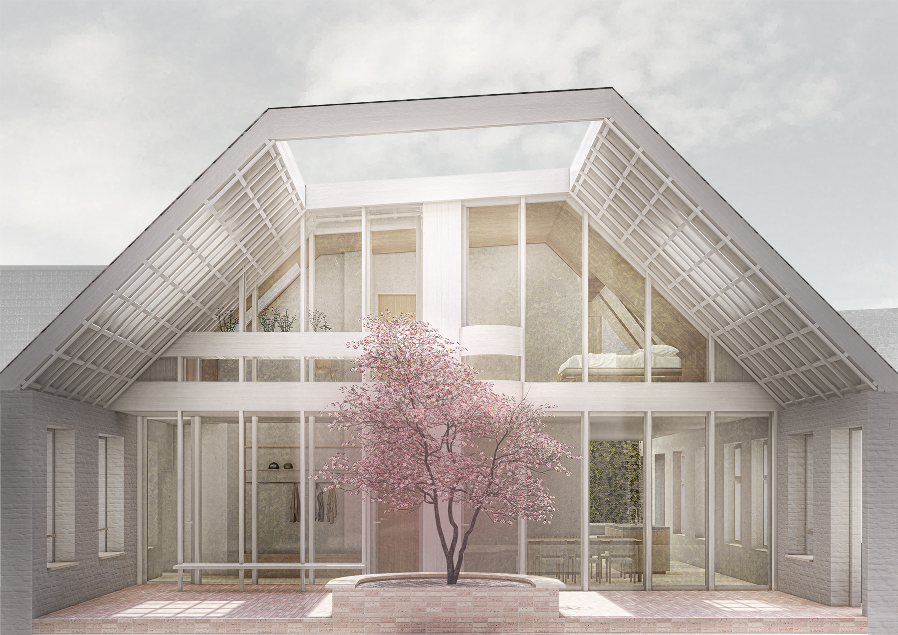 Rendering eines Dachstuhls mit zweigeschossigem Pation und Baum