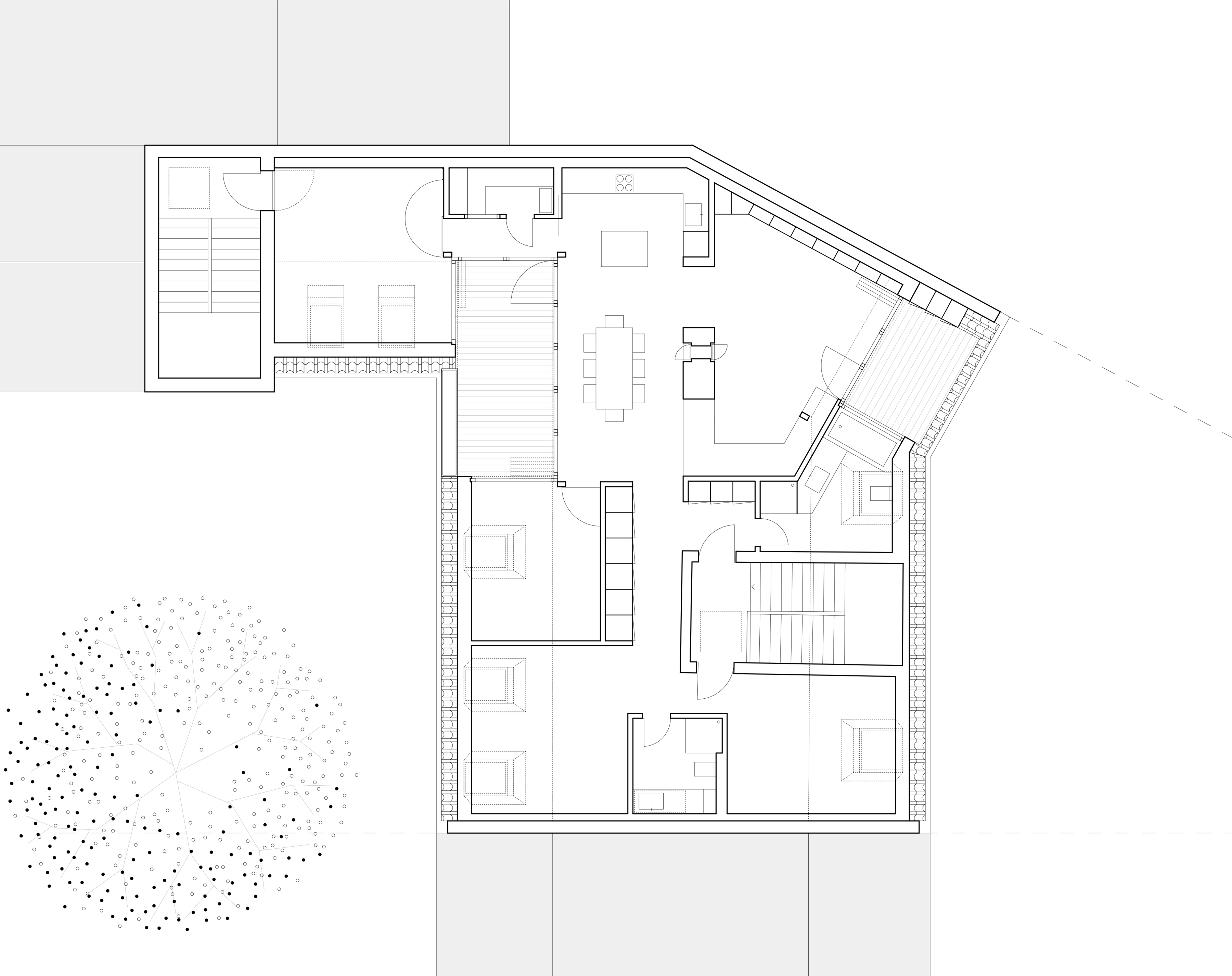 Grundriss eines ausgebauten Dachstuhls mit offenem Wohnraum und Kamin
