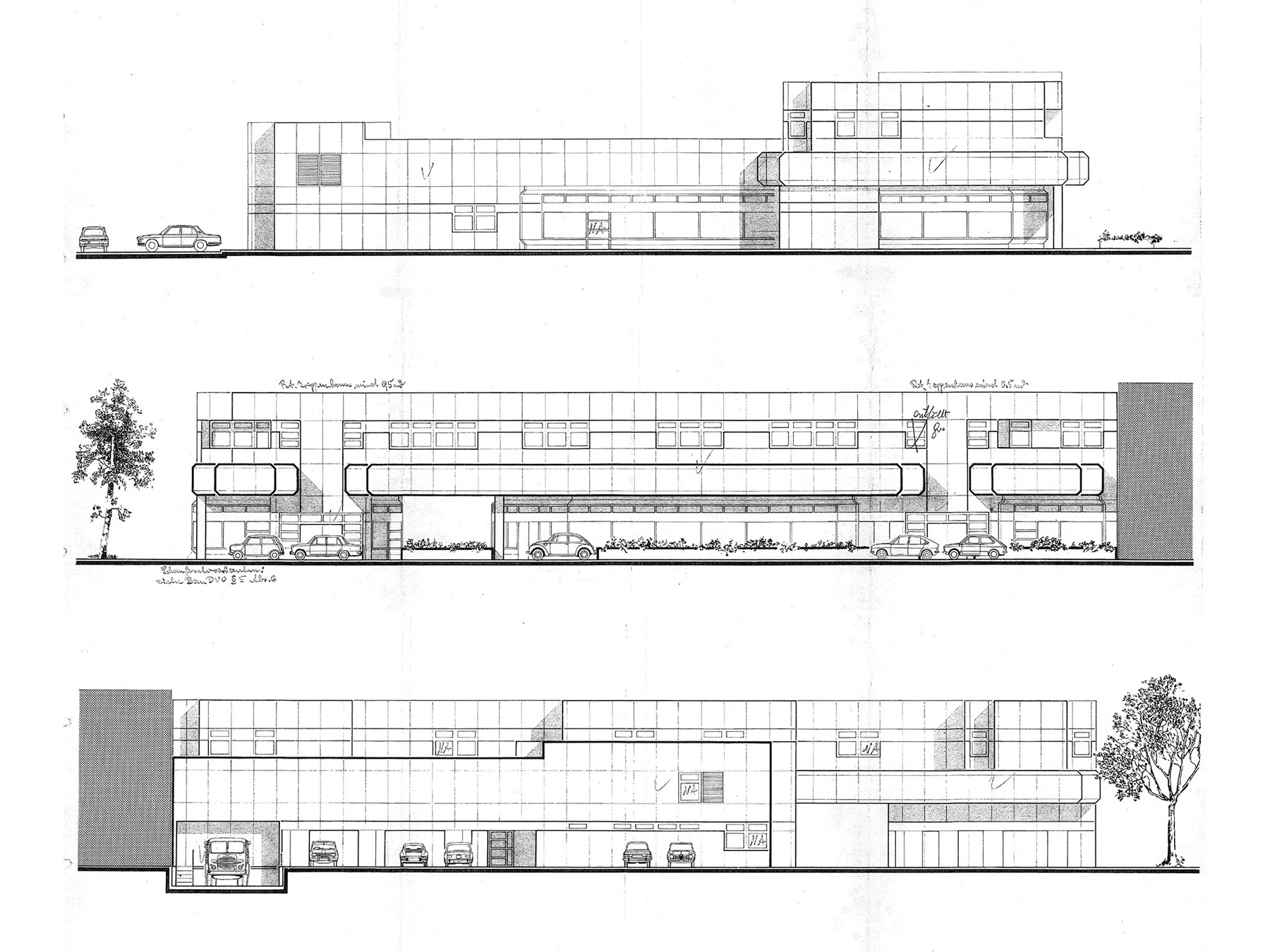 Gezeichnete Ansichten von einem Haus aus den 80ern mit vorgehängter Fassade
