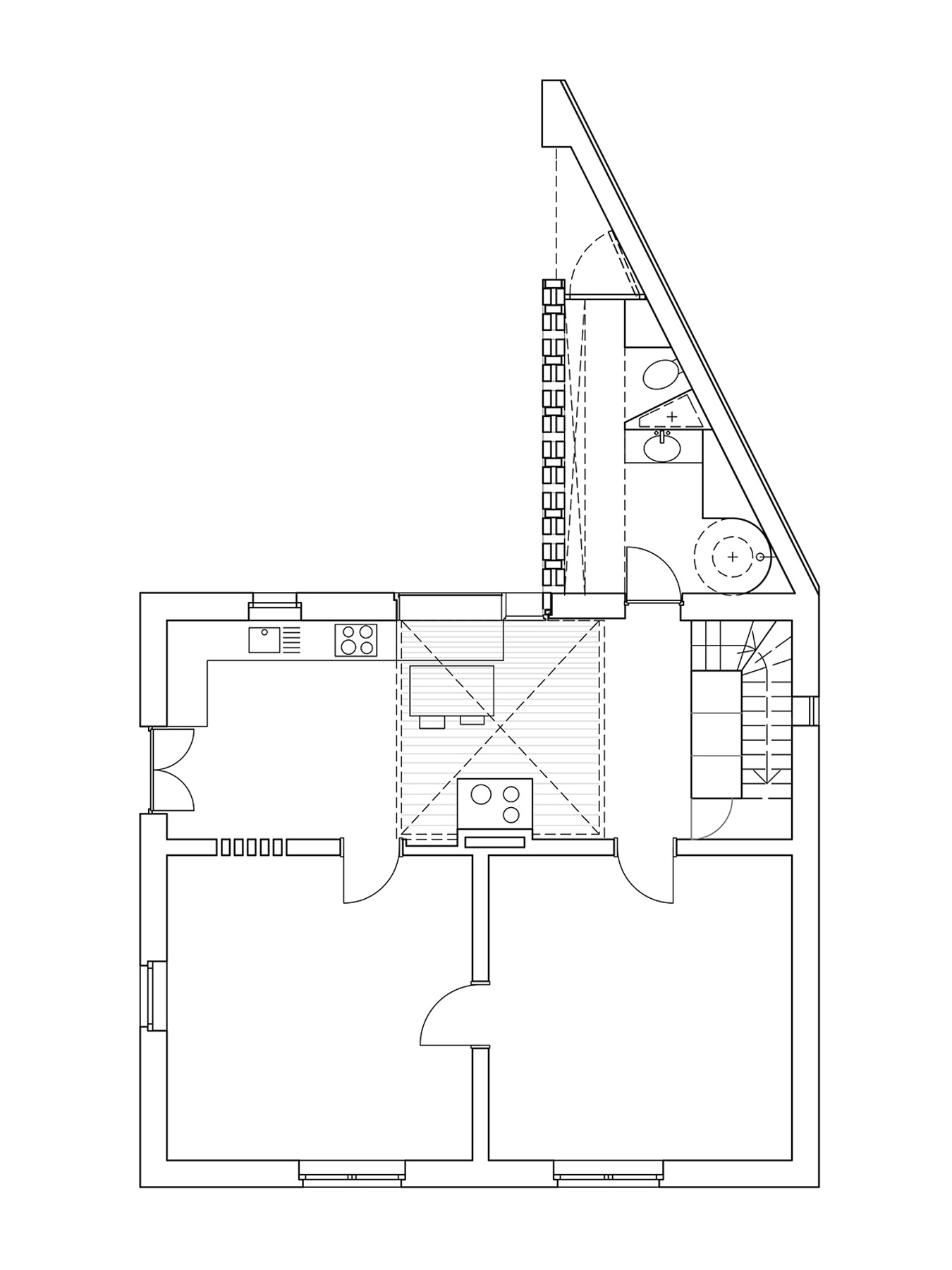 Grundriss eines umgebauten Einfamilienhauses mit angebautem Bad