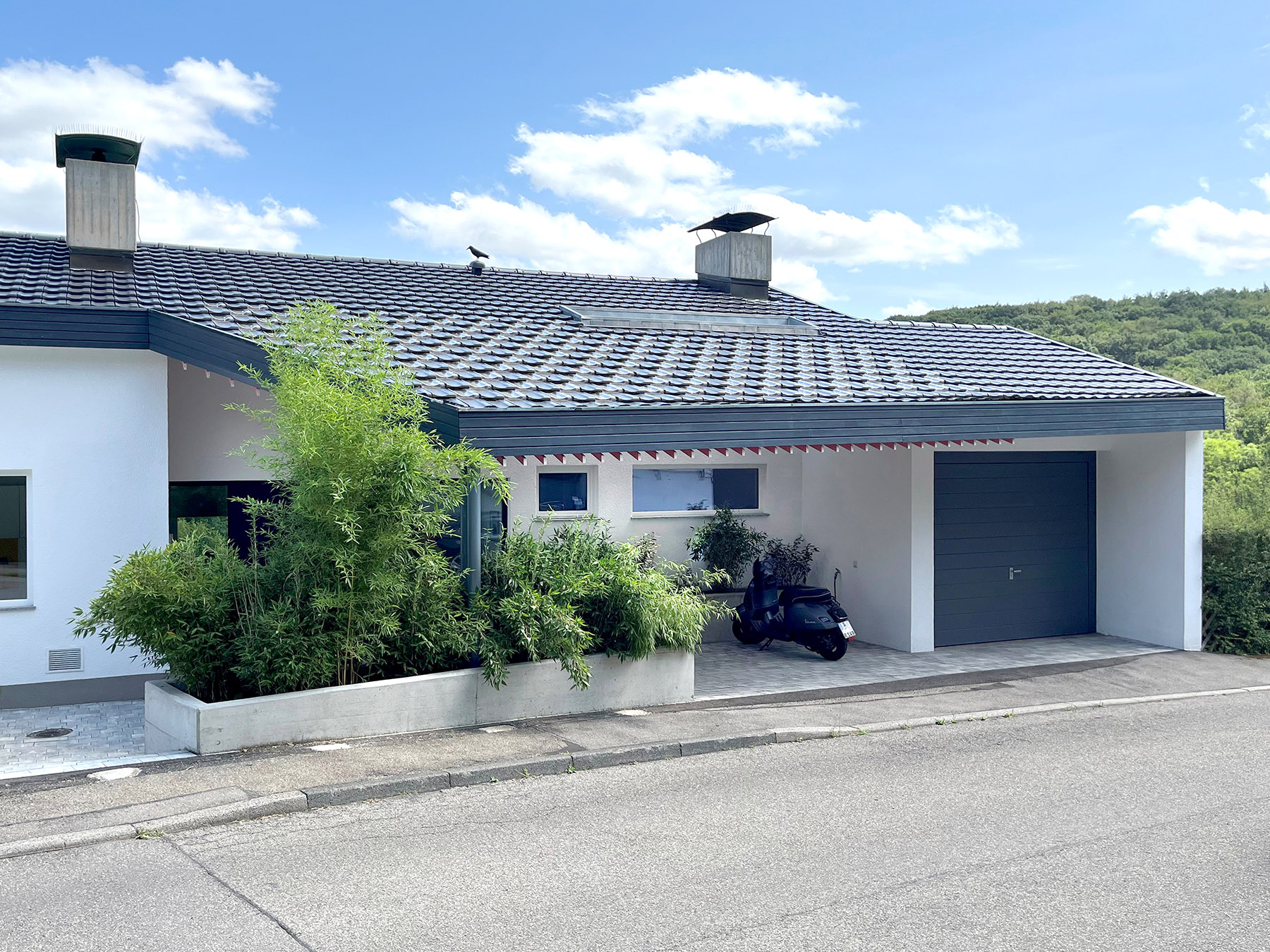 Einfamilienhaus am Hang mit überdachter Vorfahrt mit Glasziegeln und Begrünung