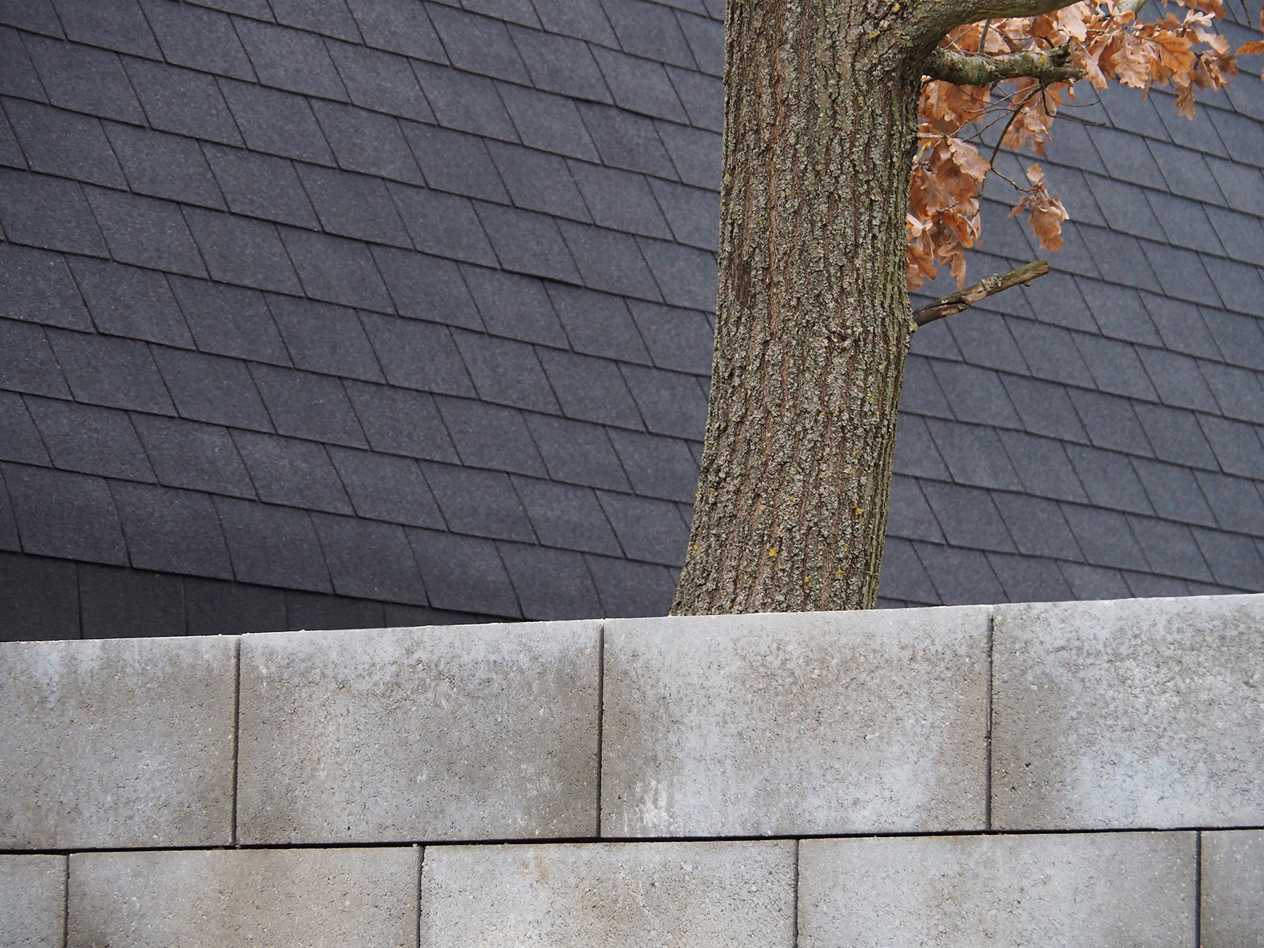 Haus mit Betonsteinmauer und Dach mit Bitumenschindeln
